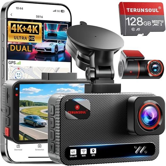 4K Dash Cam Front/Rear with 128GB GPS WiFi