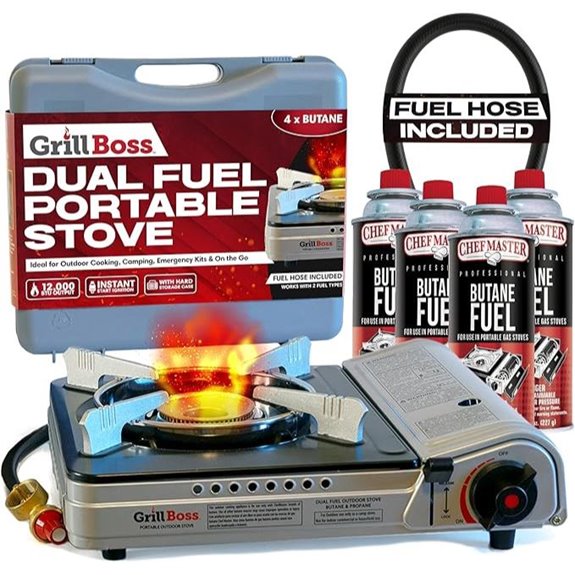 Dual Fuel Camp Stove with Canisters and Wind Guard