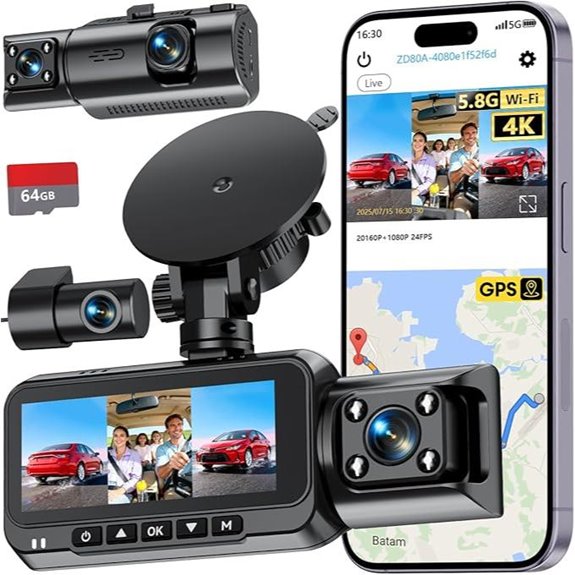 3-Channel 4K Car Dash Cam with GPS & WiFi