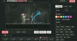 Stickman Animator editor with two posed fighters, joint handles, a frame strip and style chips