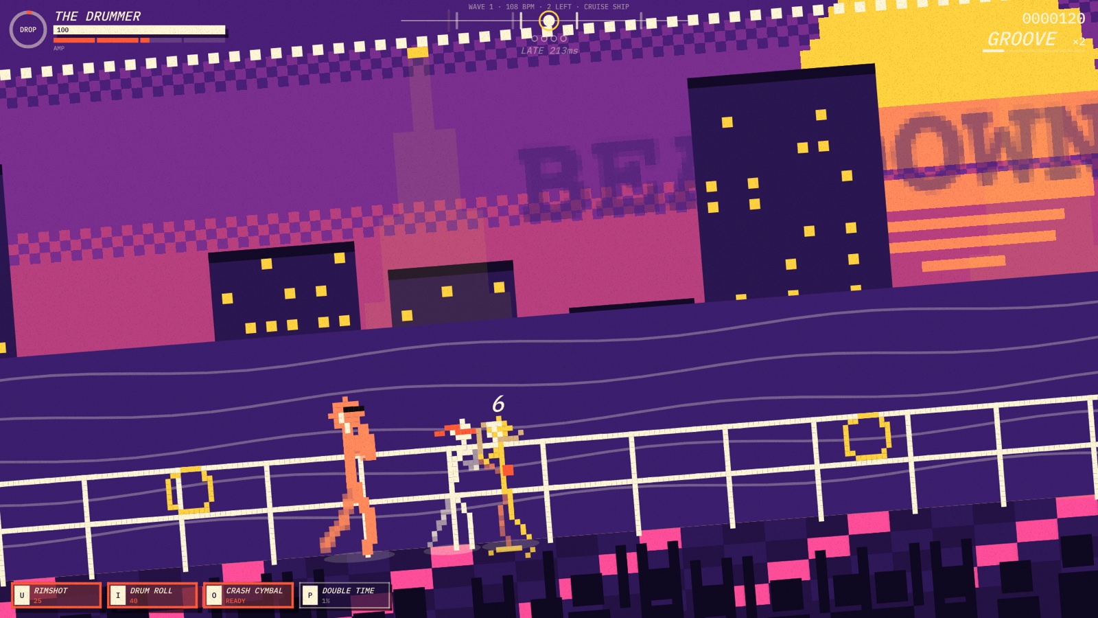 Pixel-art cruise ship deck tilted to one side with fighters sliding