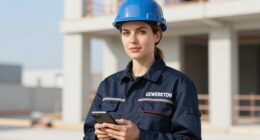 Site manager in a blue hard hat and a navy work jacket with GEWERKTON lettering holding a smartphone on a construction site
