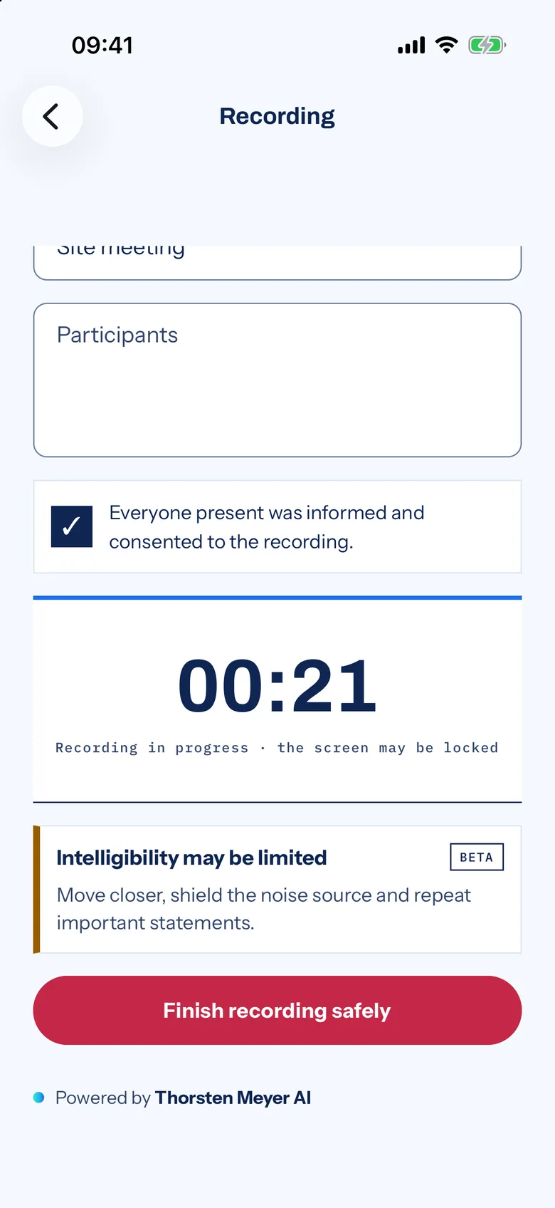 Recording in progress in the Gewerkton app on an iPhone: consent confirmed, timer, an “Intelligibility may be limited” notice and the “Finish recording safely” button